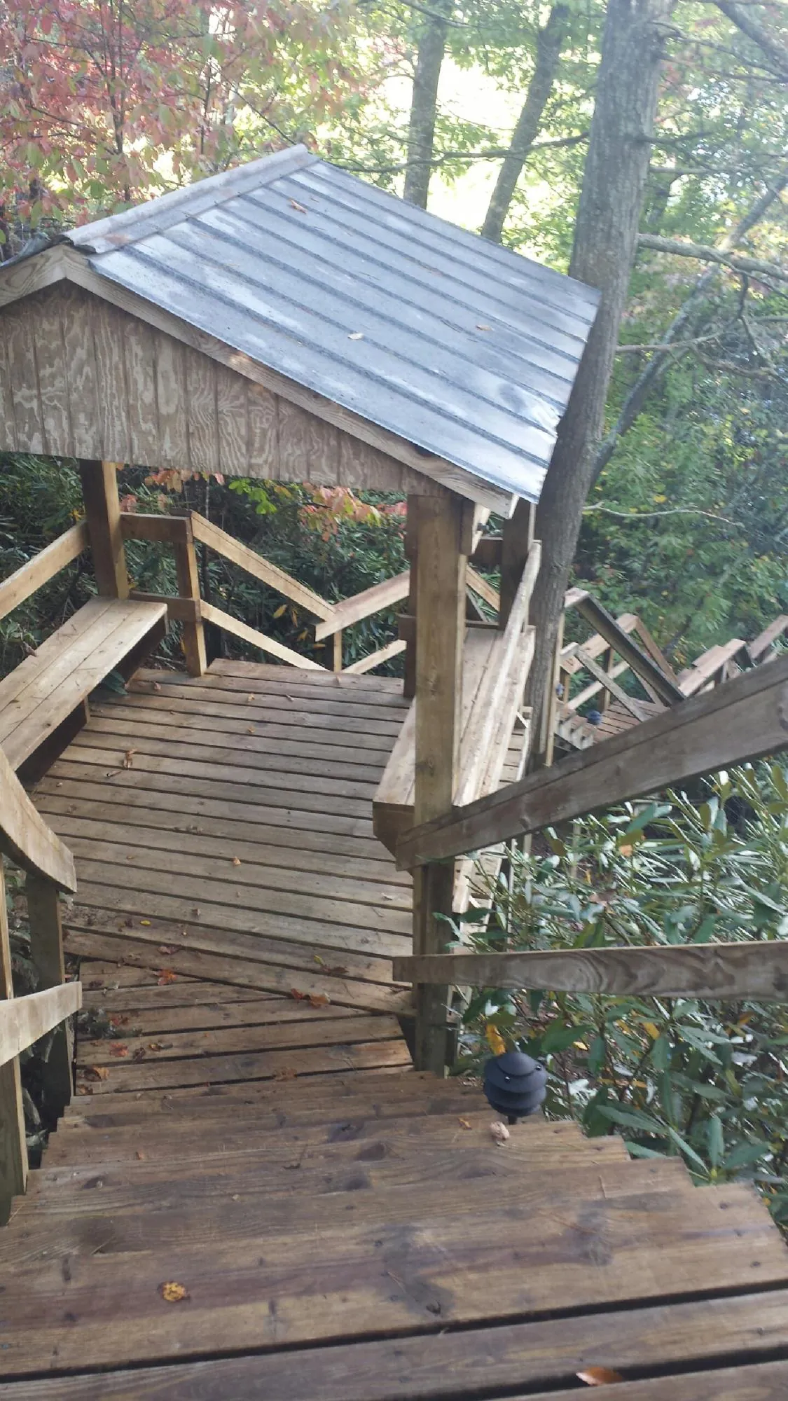 Metal roofed shelter over wooden steps on a wooded walkway — Skylight Repair & Installation work by our crew in Mc Kee